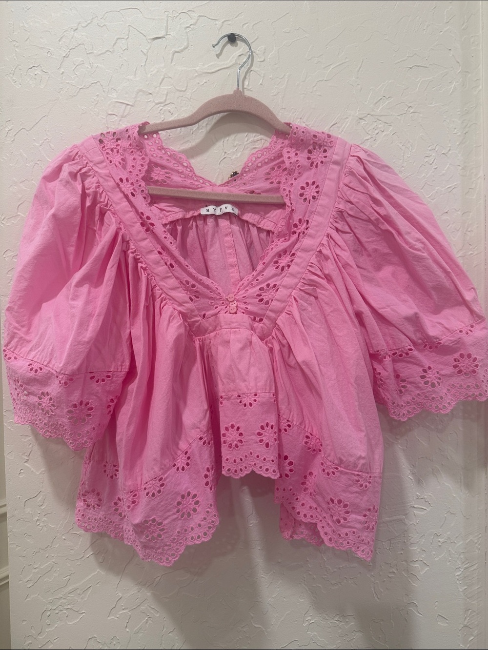 Pink Eyelet V-Neck Cotton Peasant Top